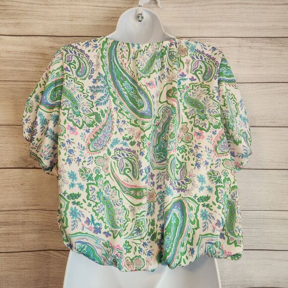 Entro S Green Paisley v-neck puff sleeve crop cottagecore Y2K Fairy Boho top - Picture 5 of 9